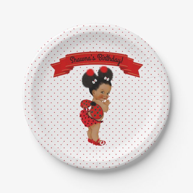 Ladybug African American Baby Girl Red Dots Pappteller (Vorderseite)