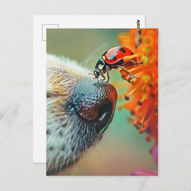 Ladybug an der Nase eines Hundes, Postüberqueren Postkarte (Vorne/Hinten)