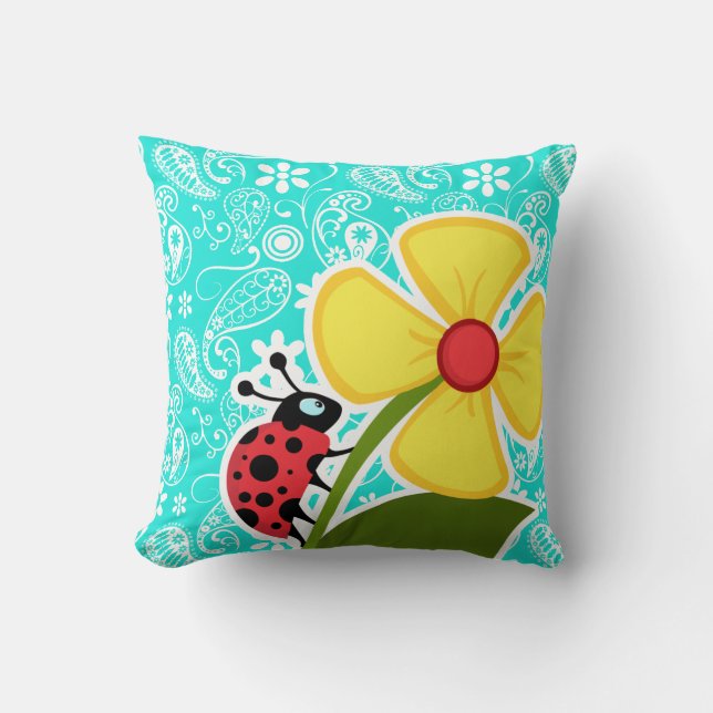 Ladybug auf Aqua Color Paisley, floral Kissen (Vorderseite)