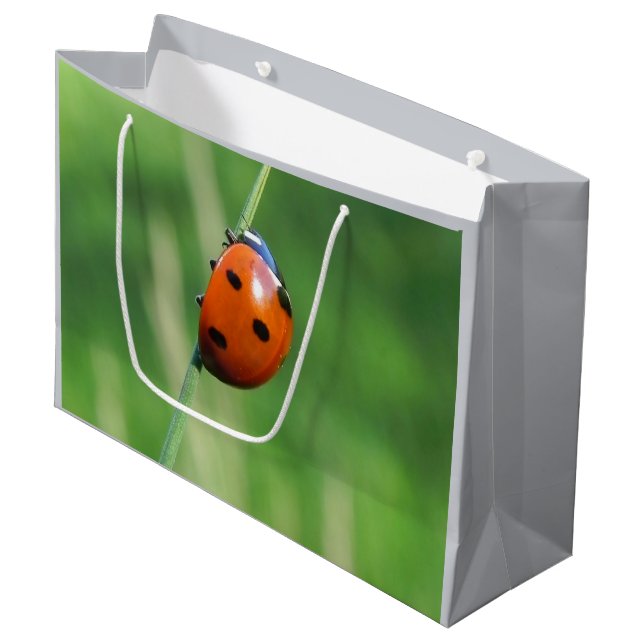 Ladybug auf einer Grashalde Große Geschenktüte (Vorderseite Schrägansicht)