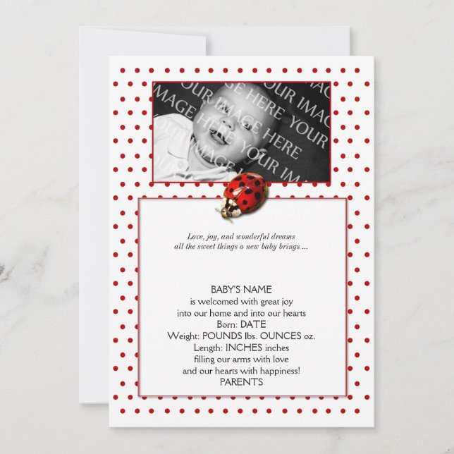 Ladybug auf Red Polka Dots Frame Baby Ankündigung (Vorderseite)