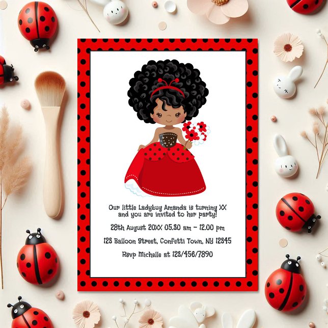 Ladybug Black Princess Fairy Tale Birthday Party Einladung (Ladybug Black Princess Fairy Tale Birthday Party Invitation)