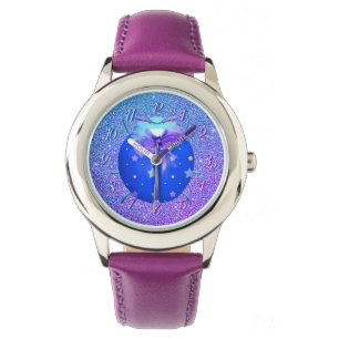 Ladybug blaue Sterne niedlicher Glitzer lila Armbanduhr