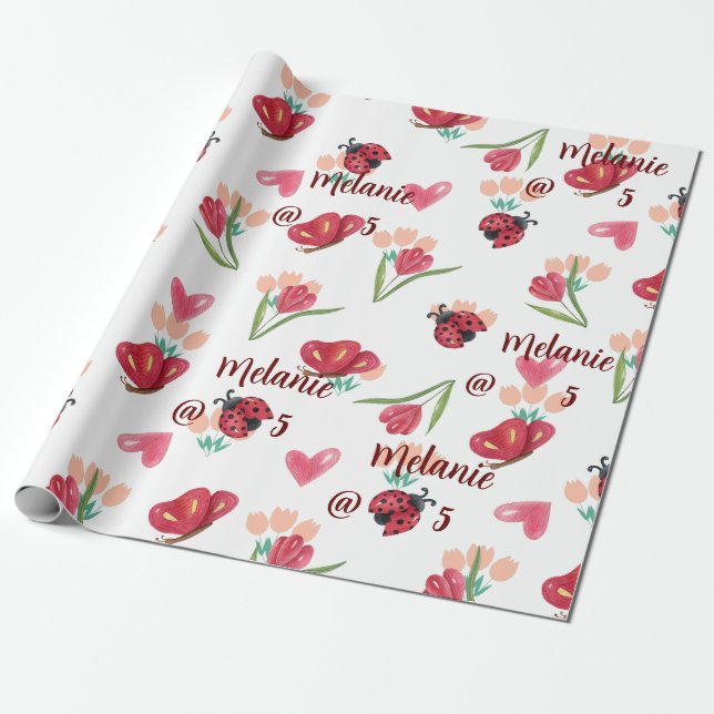 Ladybug, Butterfly und Tulip Herzmuster Geschenkpapier (Ungerollt)