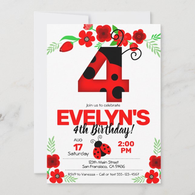 Ladybug Einladung zum 4. Geburtstag (Vorderseite)