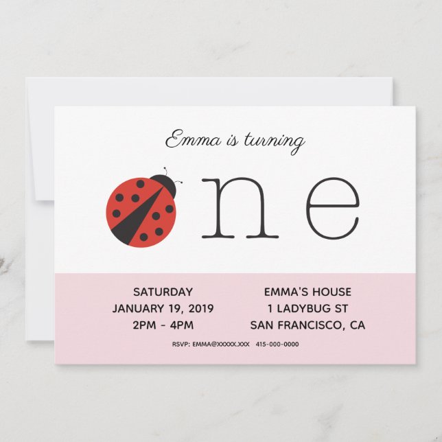 Ladybug Einladung zum ersten Geburtstag in Rosa (Vorderseite)