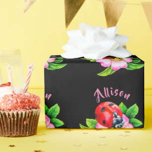 Ladybug Floral Black Women's Name Geschenkpapier