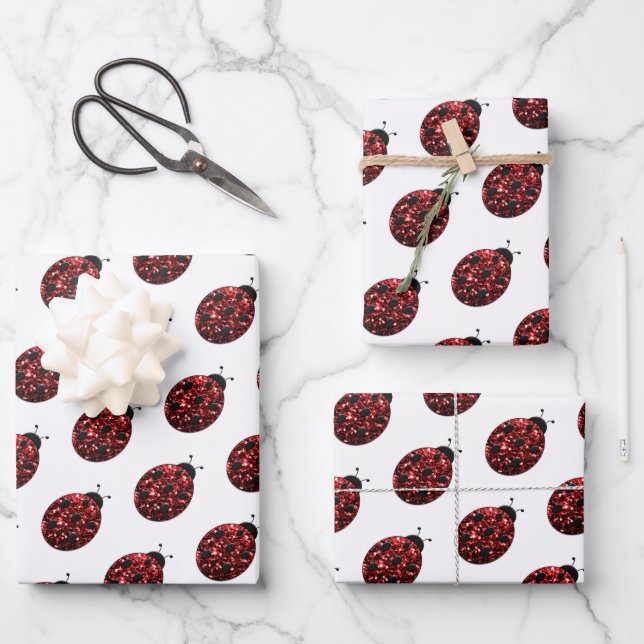 Ladybug Glitzer Glitzern rotes Muster auf weißes G Geschenkpapier Set (Vorderseite)