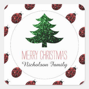 Ladybug + Grünen Weihnachtsbaum Glitzern Geschenkm Quadratischer Aufkleber