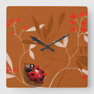 Ladybug heart shaped spots on red berry clock quadratische wanduhr