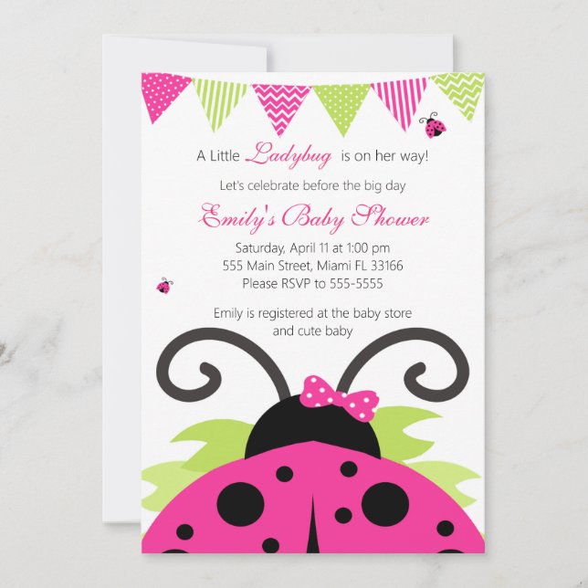 Ladybug Hot Pink Baby Dusche Party Einladung (Vorderseite)