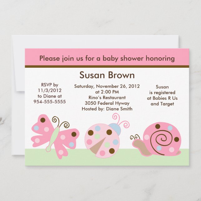 Ladybug Lullaby/Butterfly Babydusche Einladung (Vorderseite)