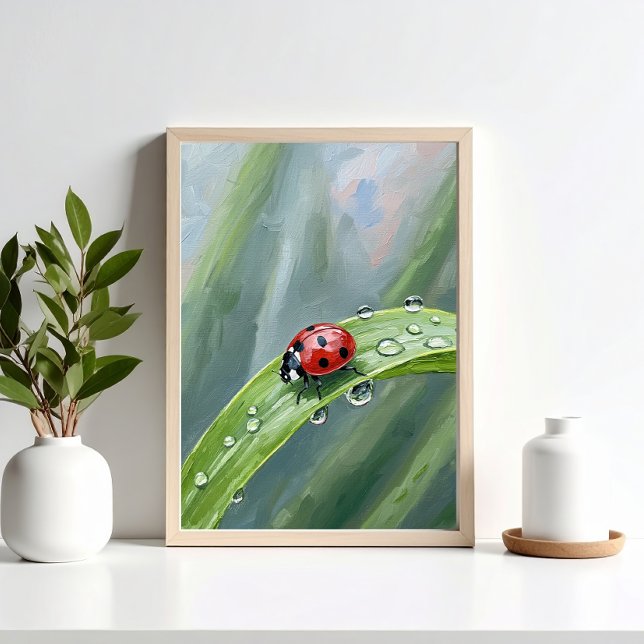 Ladybug on a Dewy Leaf – Nature Art Print Poster (Von Creator hochgeladen)