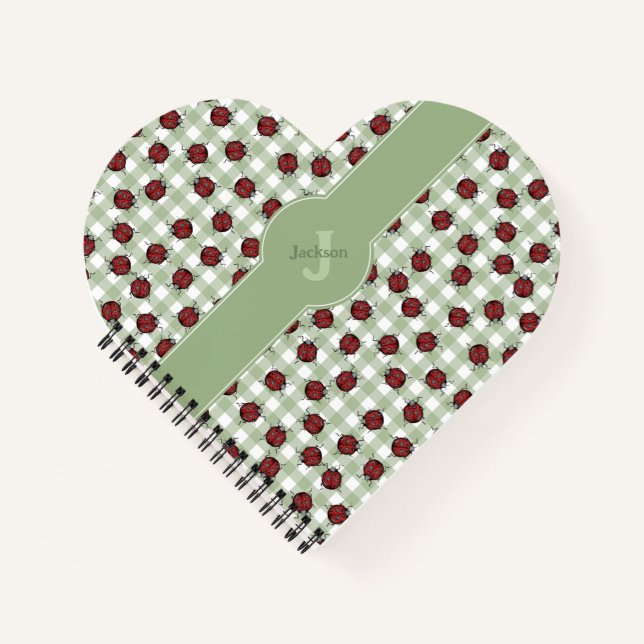 Ladybug Pattern Green Gingham Monogram Heart Shape Notizbuch (Vorderseite)