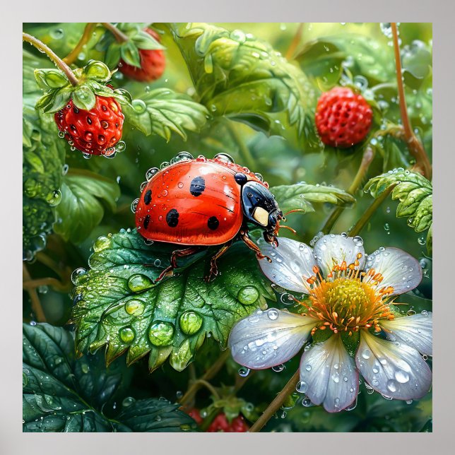 Ladybug Perched on Dew Covered Strawberry Pflanze Poster (Vorne)