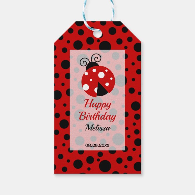 Ladybug Red Black Frame Polka Dots Kindergeburtsta Geschenkanhänger (Vorderseite)