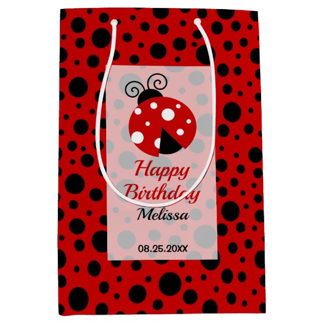 Ladybug Red Black Frame Polka Dots Kindergeburtsta Mittlere Geschenktüte (Vorderseite)