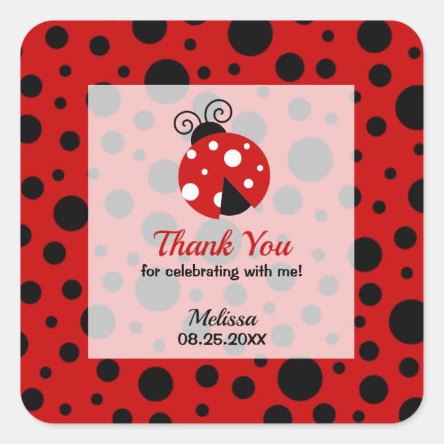 Ladybug Red Black Frame Polka Punkte Vielen Dank Quadratischer Aufkleber (Vorderseite)