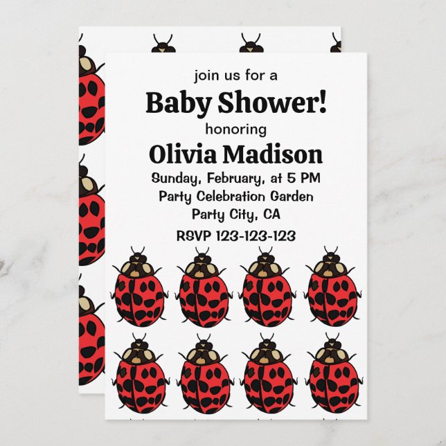 Ladybug Red Black Insect Ladybug Baby Girl Dusche Einladung (Vorne/Hinten)