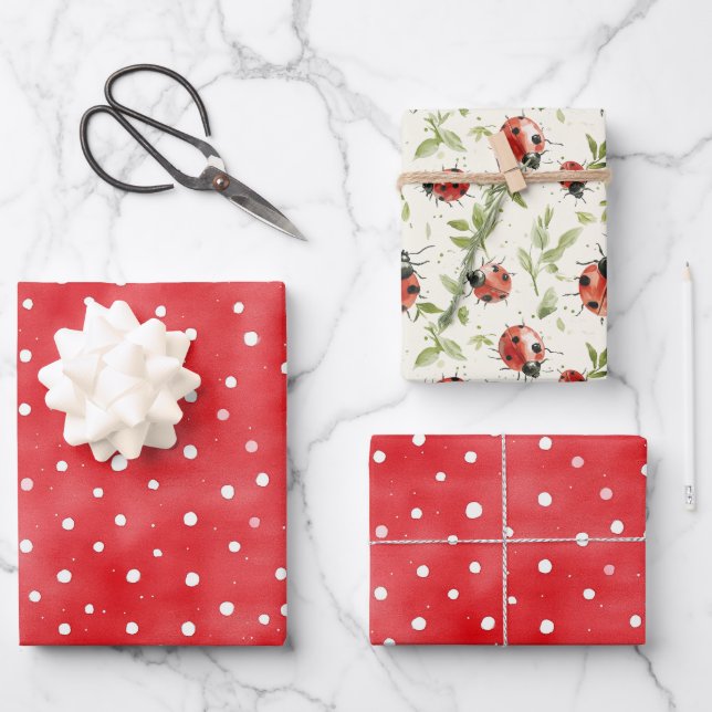 Ladybug Red White Dots Birthday Geschenkpapier Set (Vorderseite)