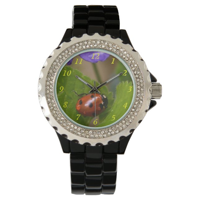 Ladybug über süße Violettsorten-Blume Armbanduhr (Vorderseite)