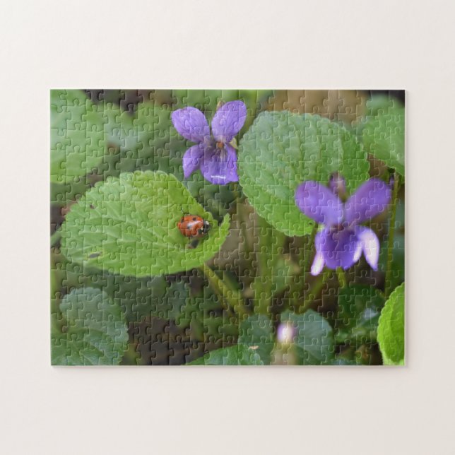 Ladybug über süße Violettsorten-Blume Puzzle (Horizontal)