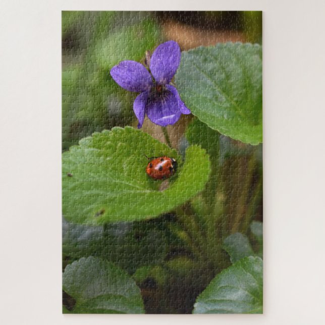 Ladybug über süße Violettsorten-Blume Puzzle (Vertikal)