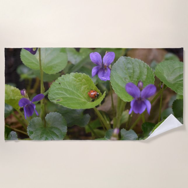 Ladybug über süße Violettsorten-Blume Strandtuch (Vorderseite)