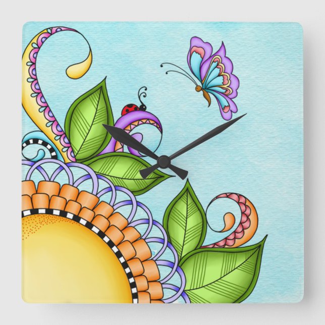 Ladybug und Butterfly Doodle Blume Quadratische Wanduhr (Vorderseite)