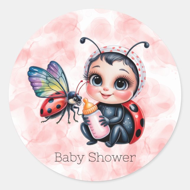Ladybug und Butterfly Girl Babydusche Runder Aufkleber (Vorderseite)