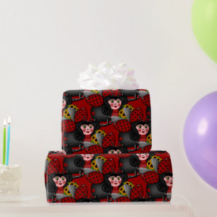 Ladybug und Sunflowers-Diagonal-Red- Geschenkpapier