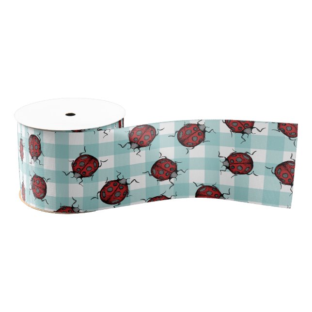 Ladybug und Türkis Gingham Nattern Muster Ripsband (Spule)