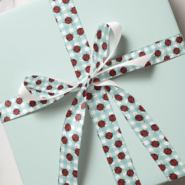 Ladybug und Türkis Gingham Nattern Muster Satinband (Red and Black Ladybugs on Cute Turquoise Gingham Pattern. For Kids, Garden Lovers, Nature Lovers.)