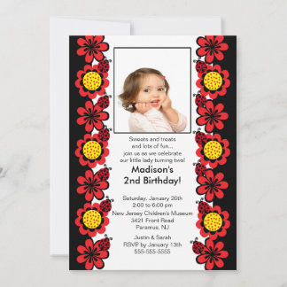 Ladybugs & Blume Foto Geburtstag Einladung