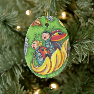 LADYBUGS, DIE AUF FALLENDEN AUTUMNSTÜCKEN REITEN, KERAMIK ORNAMENT