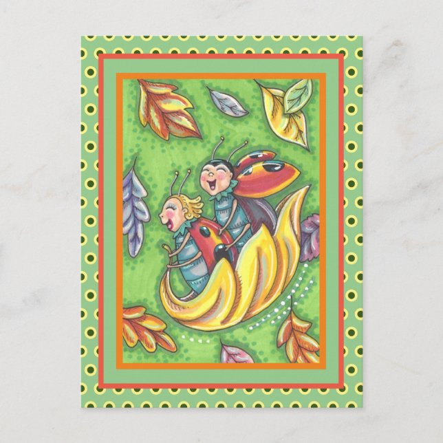 LADYBUGS, DIE AUF FALLENDEN AUTUMNSTÜCKEN REITEN,  POSTKARTE (Vorderseite)