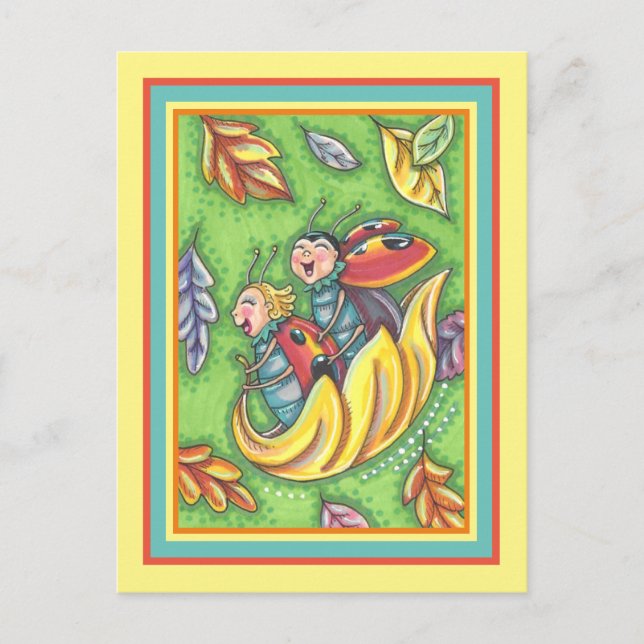 LADYBUGS, DIE AUF FALLENDEN AUTUMNSTÜCKEN REITEN,  POSTKARTE (Vorderseite)