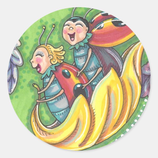 LADYBUGS, DIE AUF FALLENDEN AUTUMNSTÜCKEN REITEN,  RUNDER AUFKLEBER (Vorderseite)