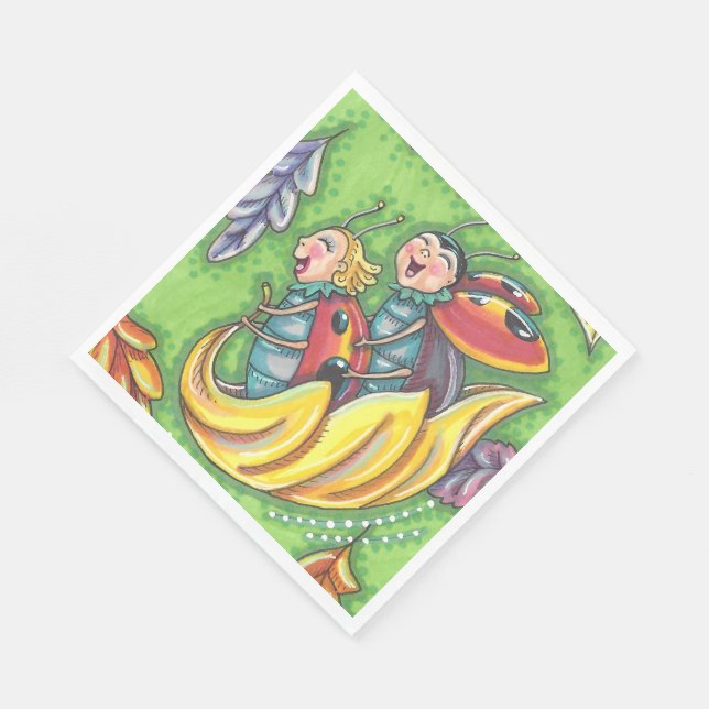 LADYBUGS, DIE AUF FALLENDEN AUTUMNSTÜCKEN REITEN,  SERVIETTE (Ecke)