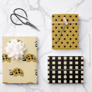 Ladybugs Gold und schwarze Punkte und Quadrate Geschenkpapier Set