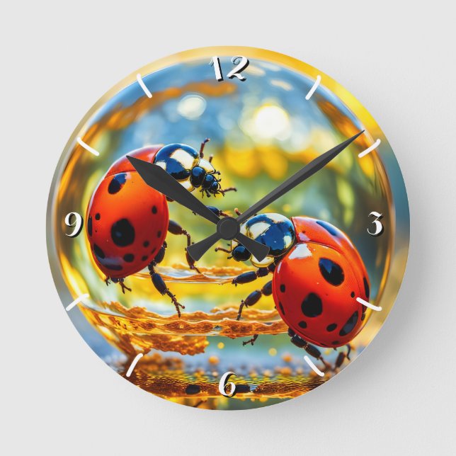 Ladybugs in einem Tropfen Wasser Runde Wanduhr (Vorderseite)