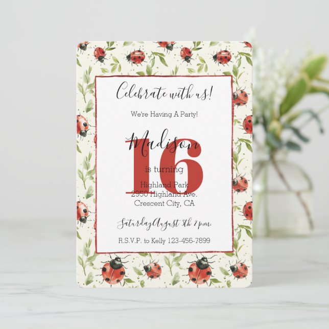 Ladybugs Leaves 16. Geburtstag Einladung (Stehend Vorderseite)