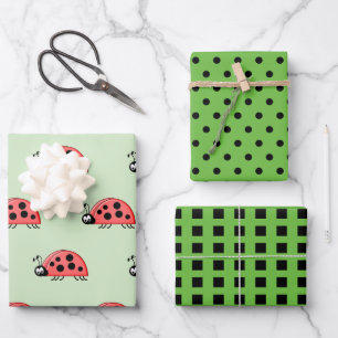Ladybugs Limone und schwarze Punkte und Quadrate Geschenkpapier Set
