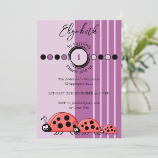 Ladybugs name wird 1 rot lila 1 Geburtstag Einladung
