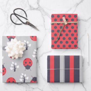 Ladybugs Stripes Polka Dots Wrapping Paper Set Geschenkpapier Set