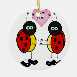 Ladybugs together holding hands in love keramik ornament