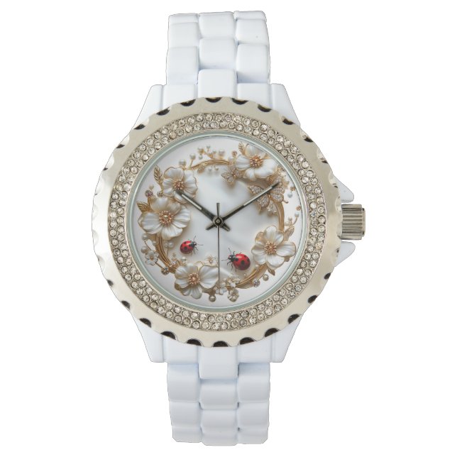 Ladybugs White Blume Diamond Butterfly Armbanduhr (Vorderseite)
