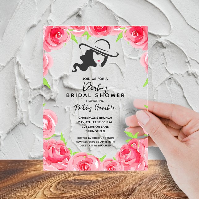 Lady's Big-Hat-Brautparty Acryleinladungen (Lady's big hat and roses bridal shower acrylic invitations - order clear or frosted)