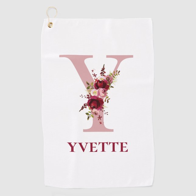 Ladys Blush Pink Floral Initial Y und Name Golfhandtuch (Vorderseite)
