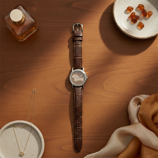 Ladys Chocolate Brown Dackel Leather Watch Armbanduhr (Brown dachshund ladies leather watch for wiener dog lovers)